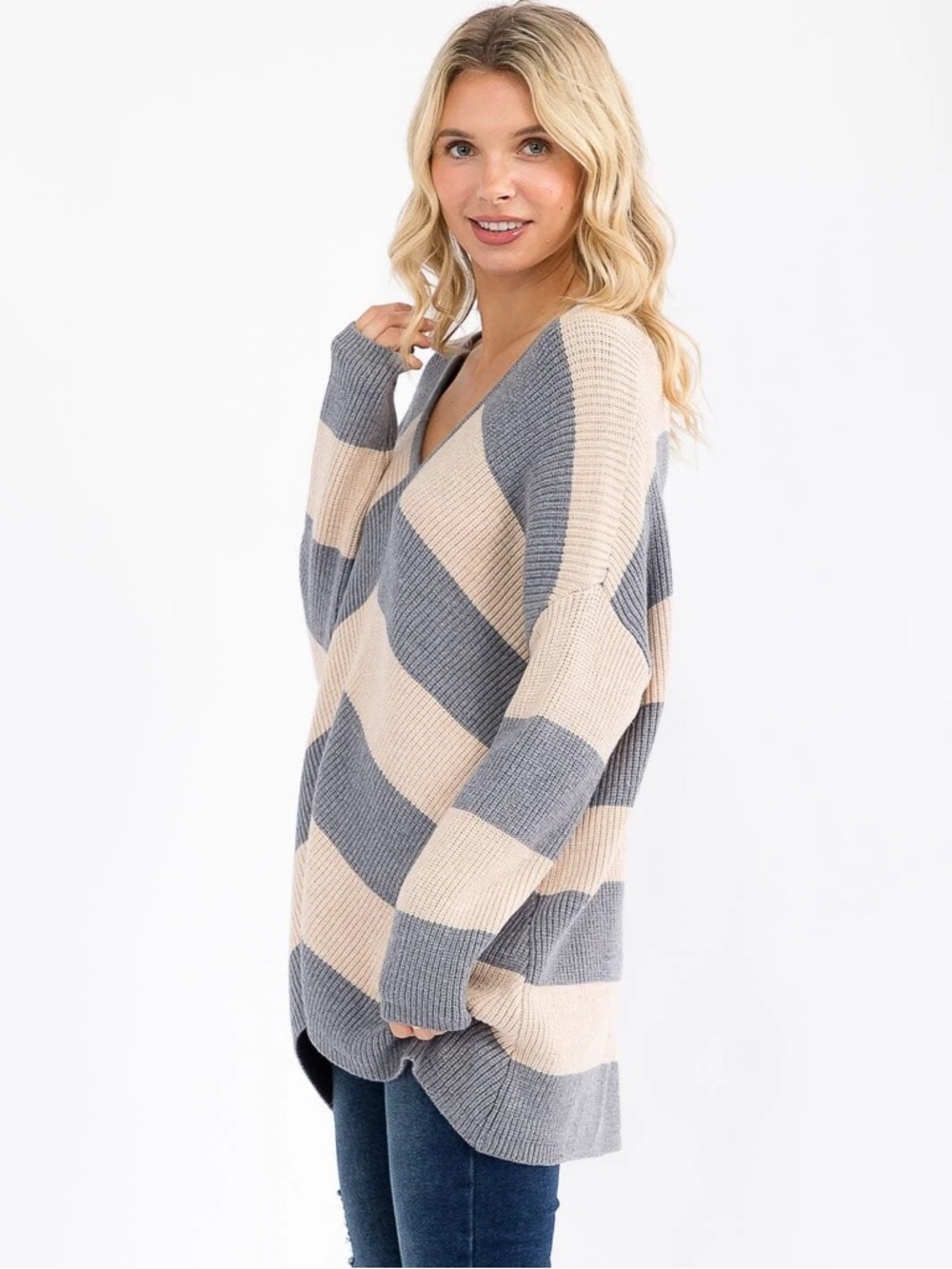 Striped V-Neck Oversized Sweater in Gray and Cream
